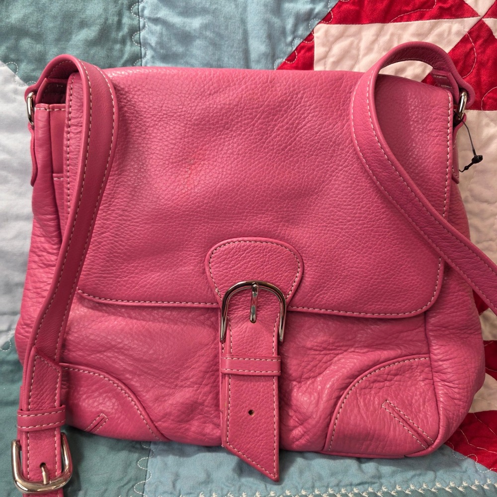 Wilsons Leather Pelle Studio Pink Pebbled Leather Crossbody Bag Buckle Flap